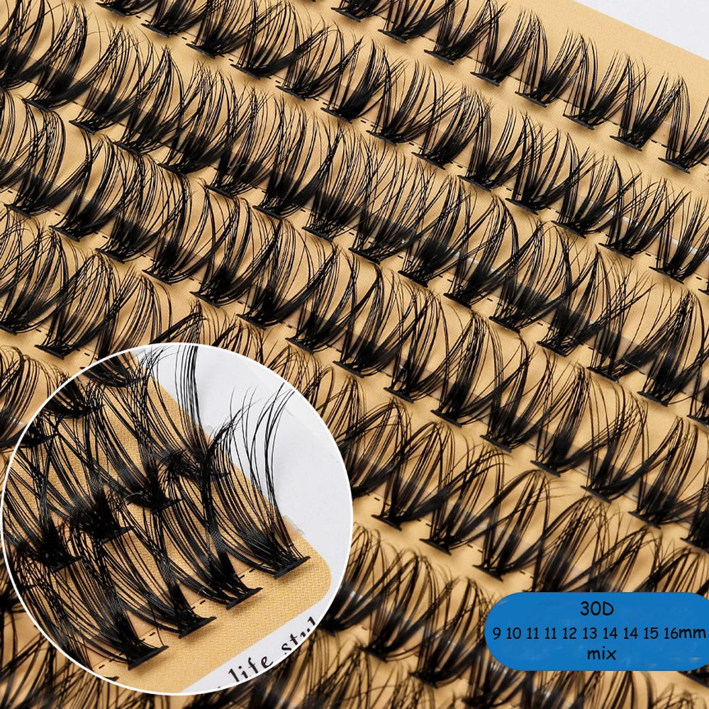 Close-up of DIY fan-shaped mink cluster lashes in various densities and lengths laid out on a surface.