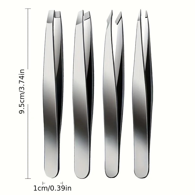 Precision Stainless Steel Eyebrow Tweezers Set (4 Pcs)
