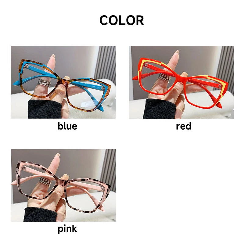 A set of elegant cat eye reading glasses shown in blue, red, and pink colors.