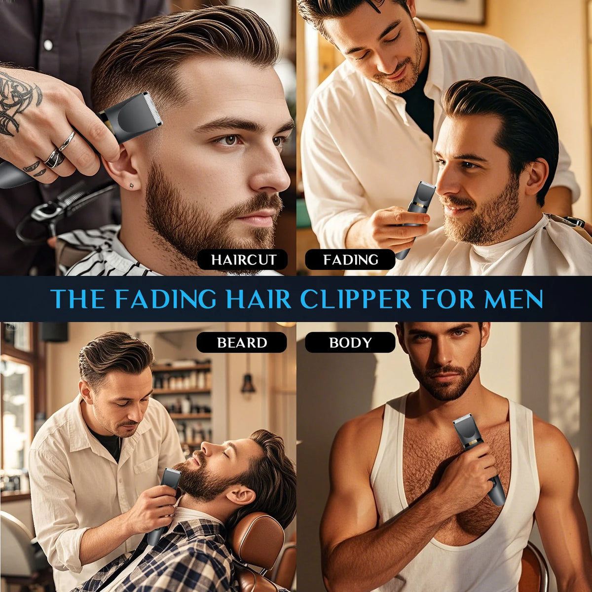 A collection of grooming tools including a haircut clipper, fading tool, beard trimmer, and body groomer for men.