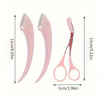 A set of pink precision eyebrow trimmers, including a pair of curved tweezers and a grooming comb.