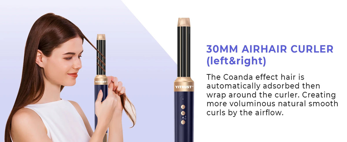 A woman is using a 30mm airhair curler to create voluminous natural smooth curls.
