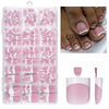 Una caja de plástico transparente con 150 uñas postizas de acrílico en varios tonos rosa y nude.