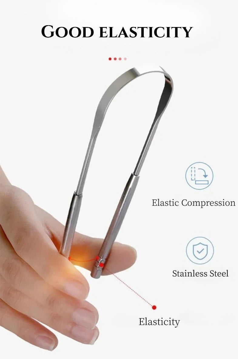 A hand holds a stainless steel tongue scraper, demonstrating its elasticity and elastic compression feature.