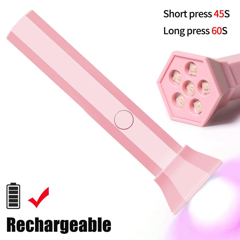 Pink rechargeable cordless mini UV LED nail lamp with short and long press options