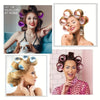 A collage showing various heatless hair styling looks and a woman modeling styled hair.