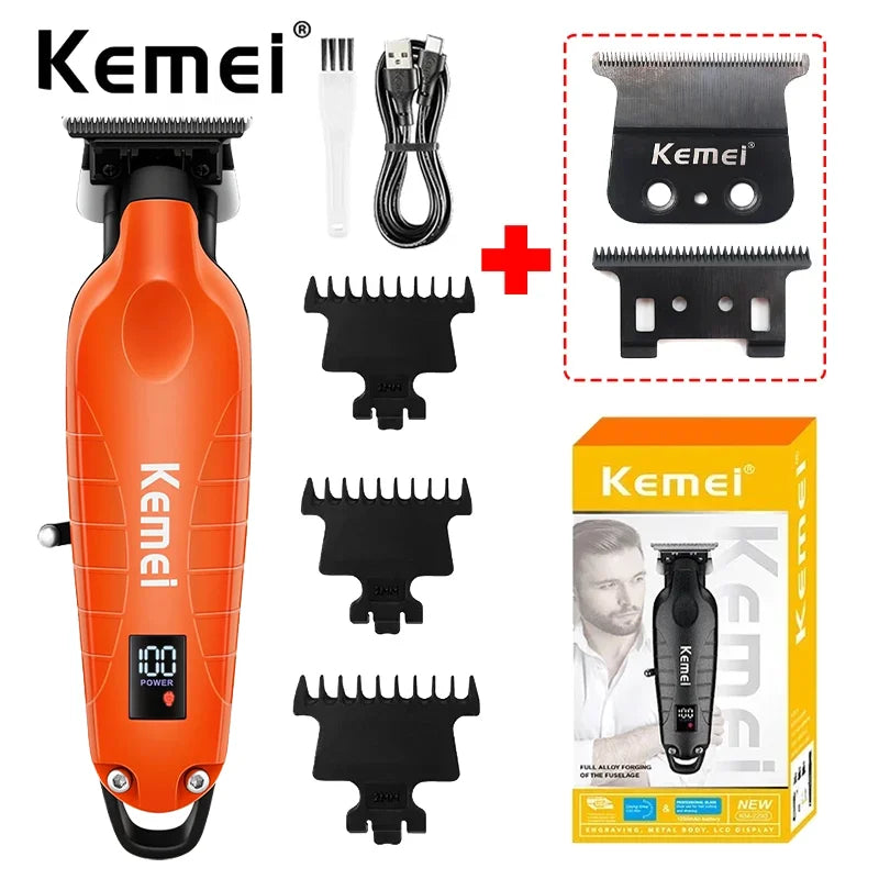 Orange Kemei cordless hair trimmer with multiple attachments and accessories