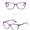 Purple progressive multifocal reading glasses shown from the front and side views.