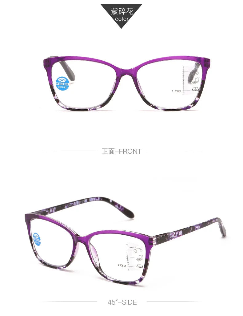 Purple progressive multifocal reading glasses shown from the front and side views.