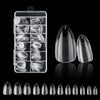 A display of frosted French false nails with a natural finish, showing various nail shapes and finishes.