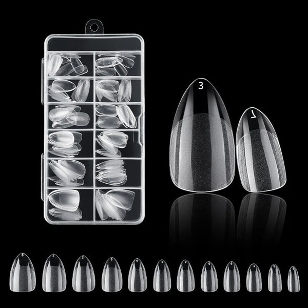 A display of frosted French false nails with a natural finish, showing various nail shapes and finishes.