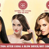 Three models showcase hair protection after using a blow dryer, hot comb, or hair clip.