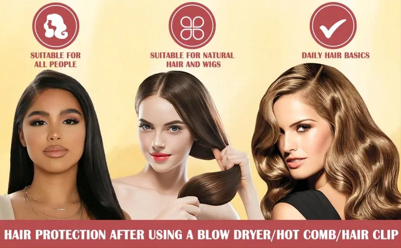 Three models showcase hair protection after using a blow dryer, hot comb, or hair clip.