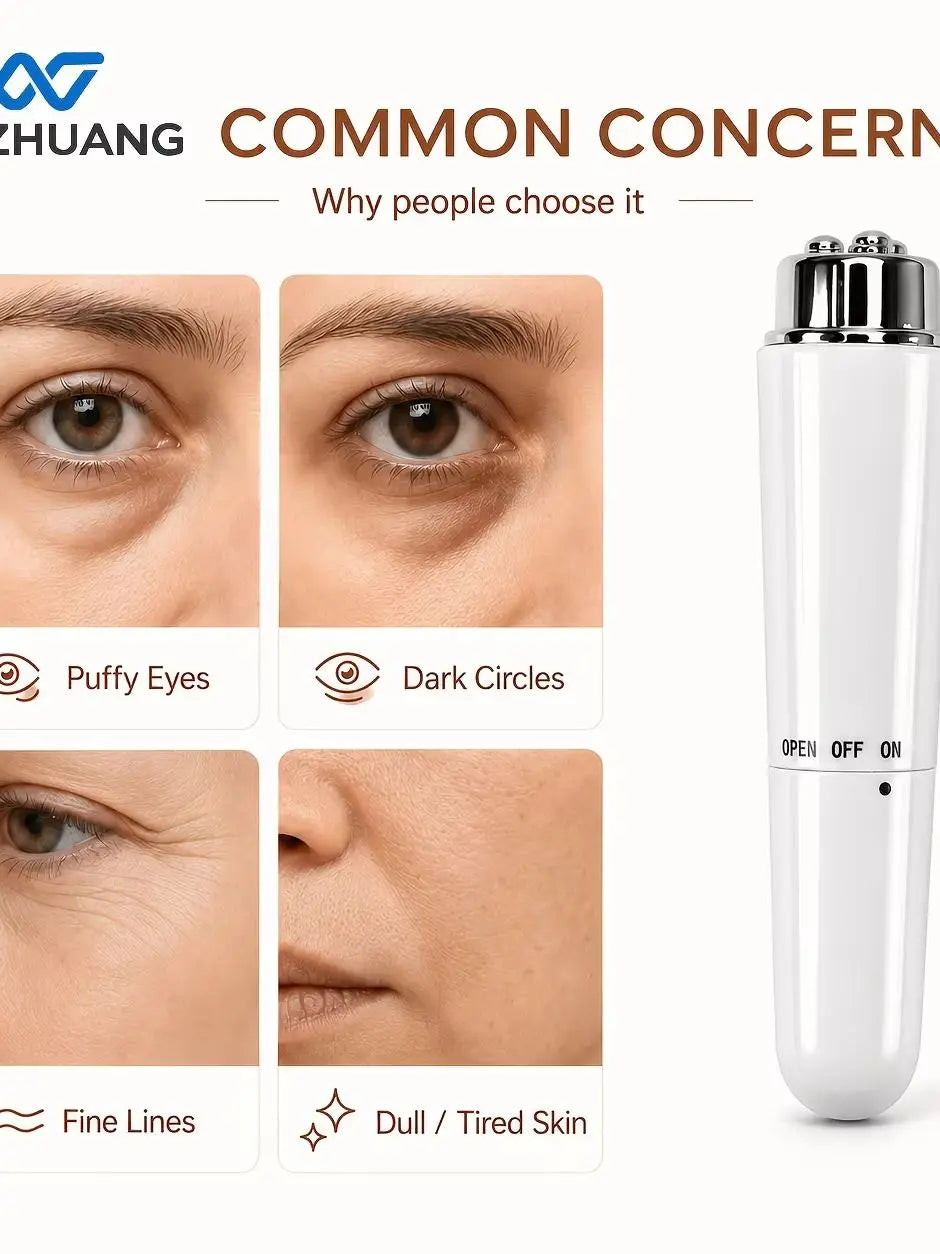 A white multi-function facial and eye massager device shown with various facial features it is designed to address.