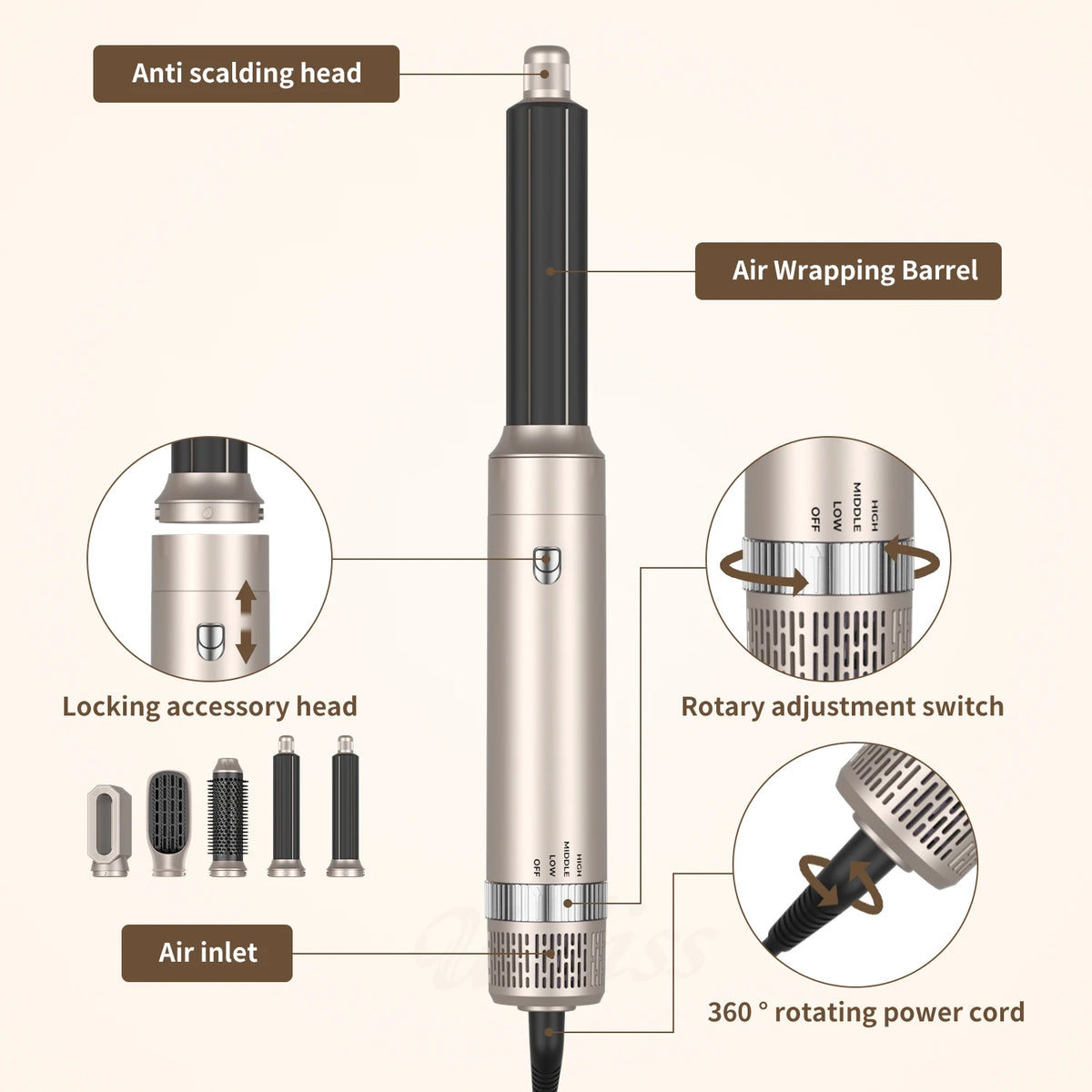 A long, silver hair dryer with an anti-scalding head, air wrapping barrel, rotary adjustment switch, and air inlet.