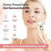 A woman is using a white electric cotton thread facial hair removal epilator on her face.