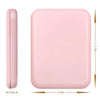 A pink portable LED magnifying makeup mirror shown in a side view and top-down view.