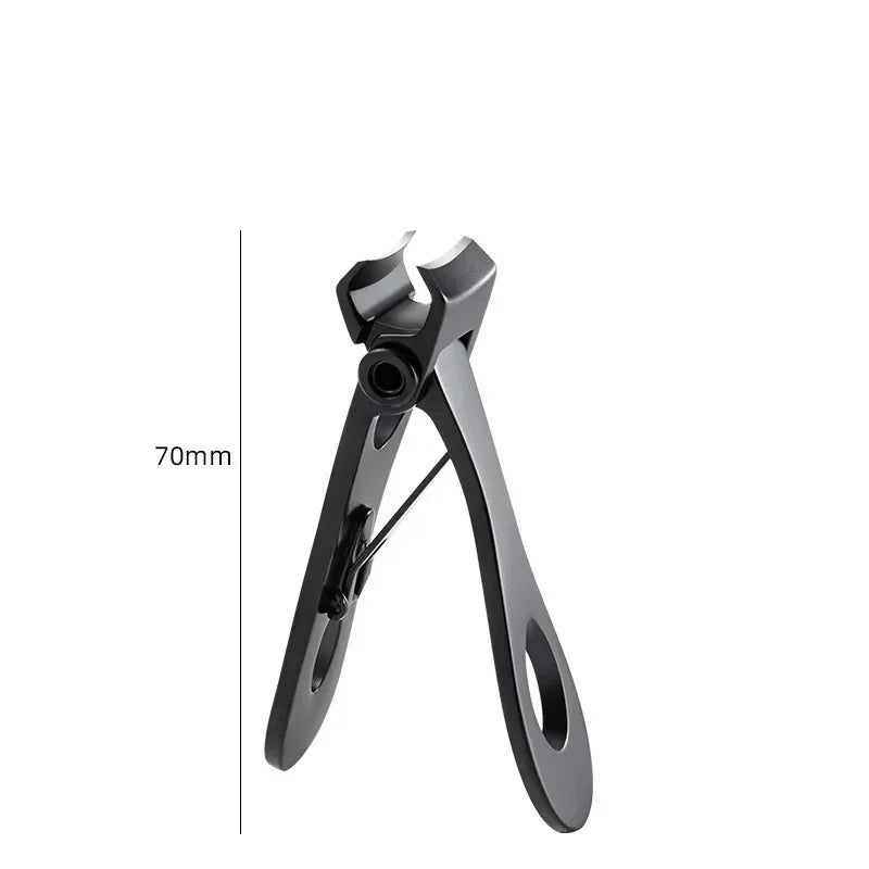 A professional stainless steel nail clippers set with a black handle and a measuring scale showing 70mm.
