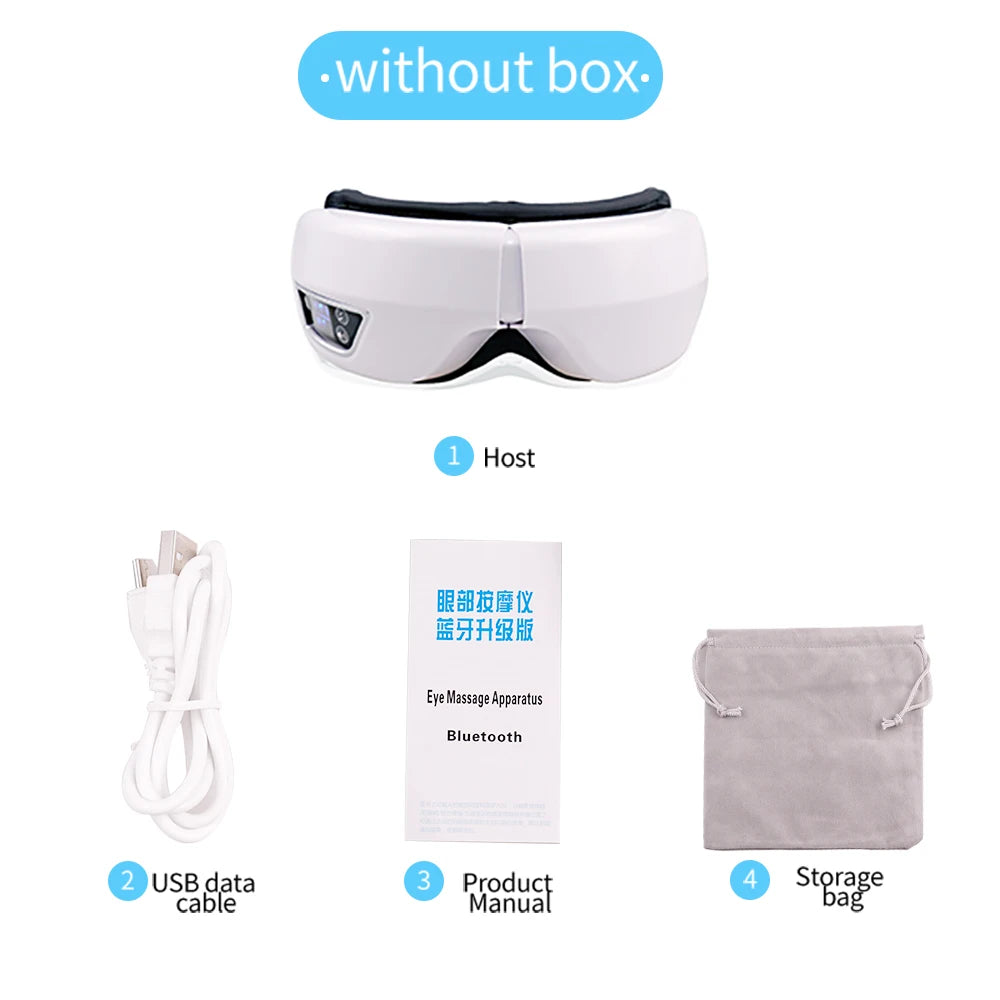 A white portable Bluetooth eye massage apparatus shown next to its components including a cable, manual, and storage bag.