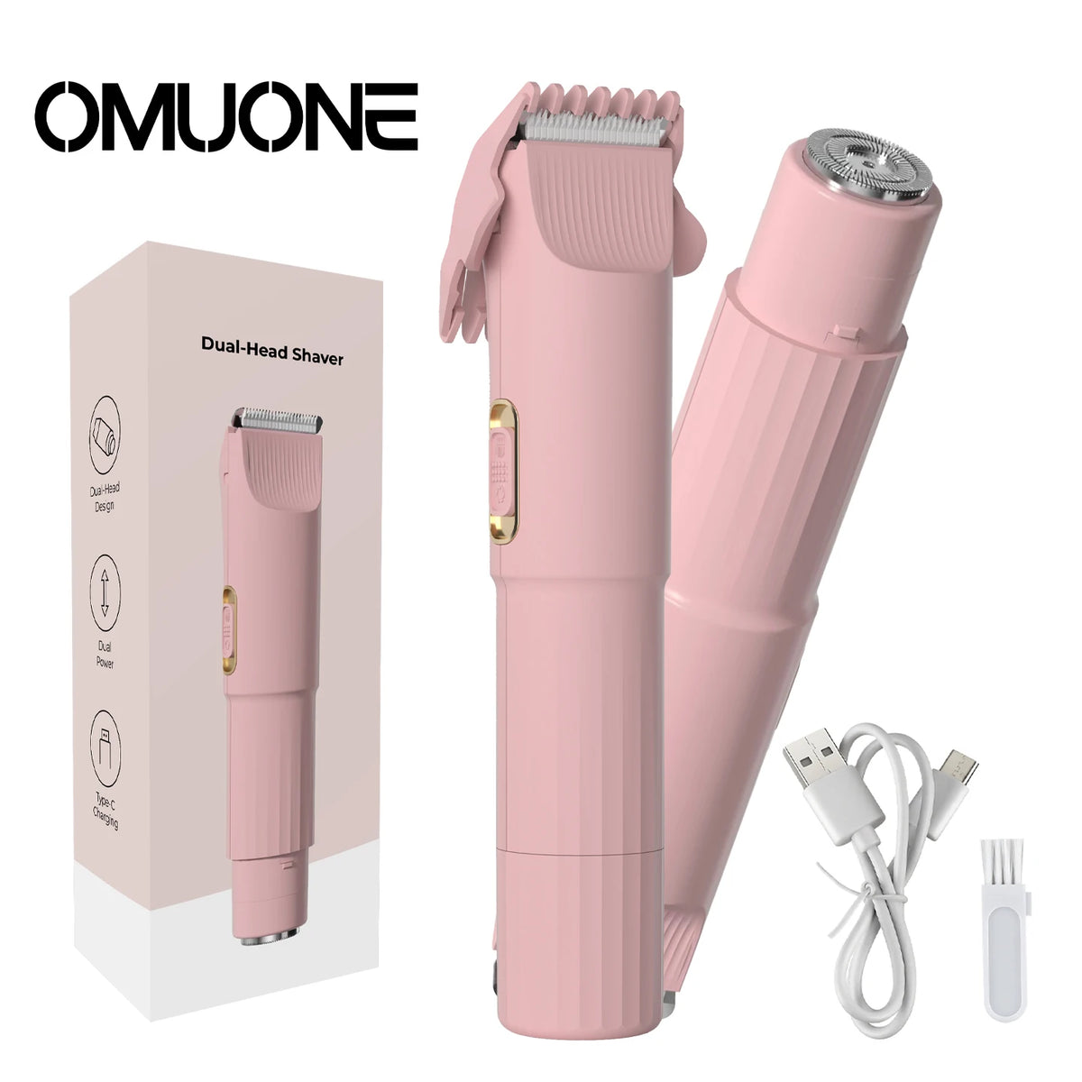 A pink dual-head electric shaver and charging cable shown next to its packaging.