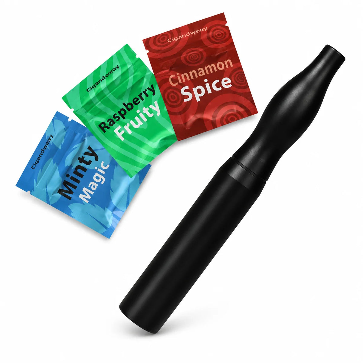 A black natural wooden stop smoking stick diffuser with several spice flavored sticks displayed next to it.