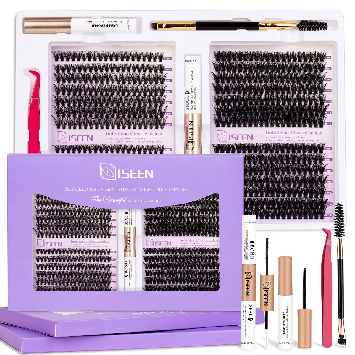 A purple kit containing individual cluster lashes and tools for DIY soft volume eyelash cluster extension