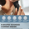 Primer plano de un hombre usando una recortadora eléctrica en su barba, mostrando el diseño de esquina redondeada.