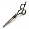 A pair of professional stainless steel hair cutting scissors with dark handles and blades.