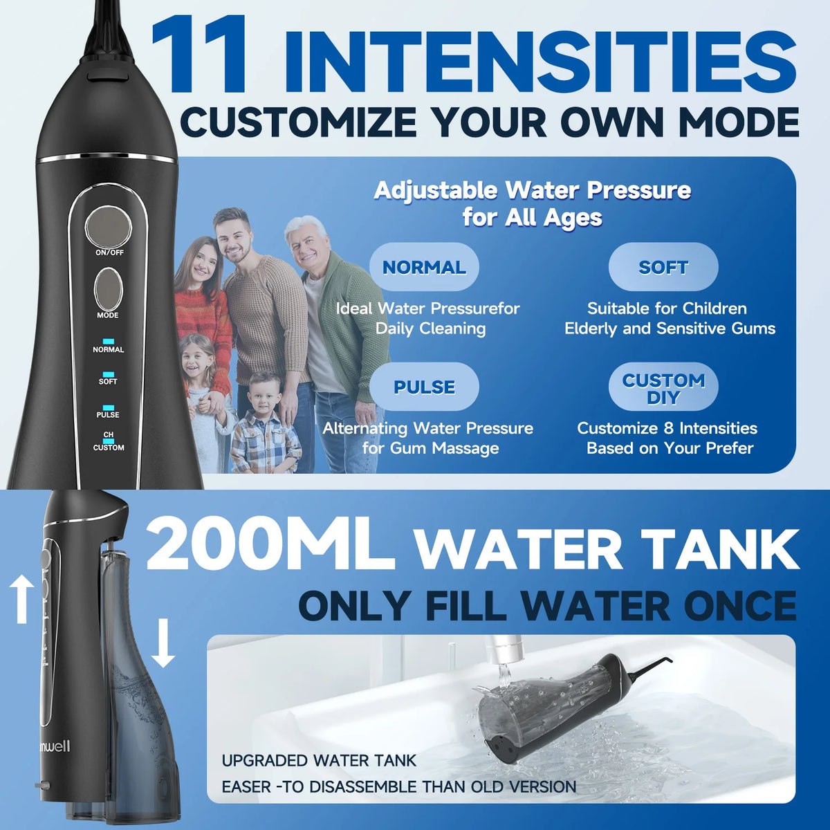 A black cordless water flosser with an adjustable pressure dial and a 200ml water tank is shown.