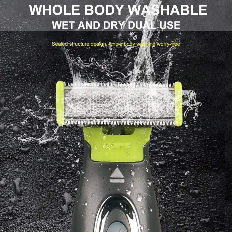 A portable electric trimmer with a detachable head is shown in use, with water spraying from the bristles.