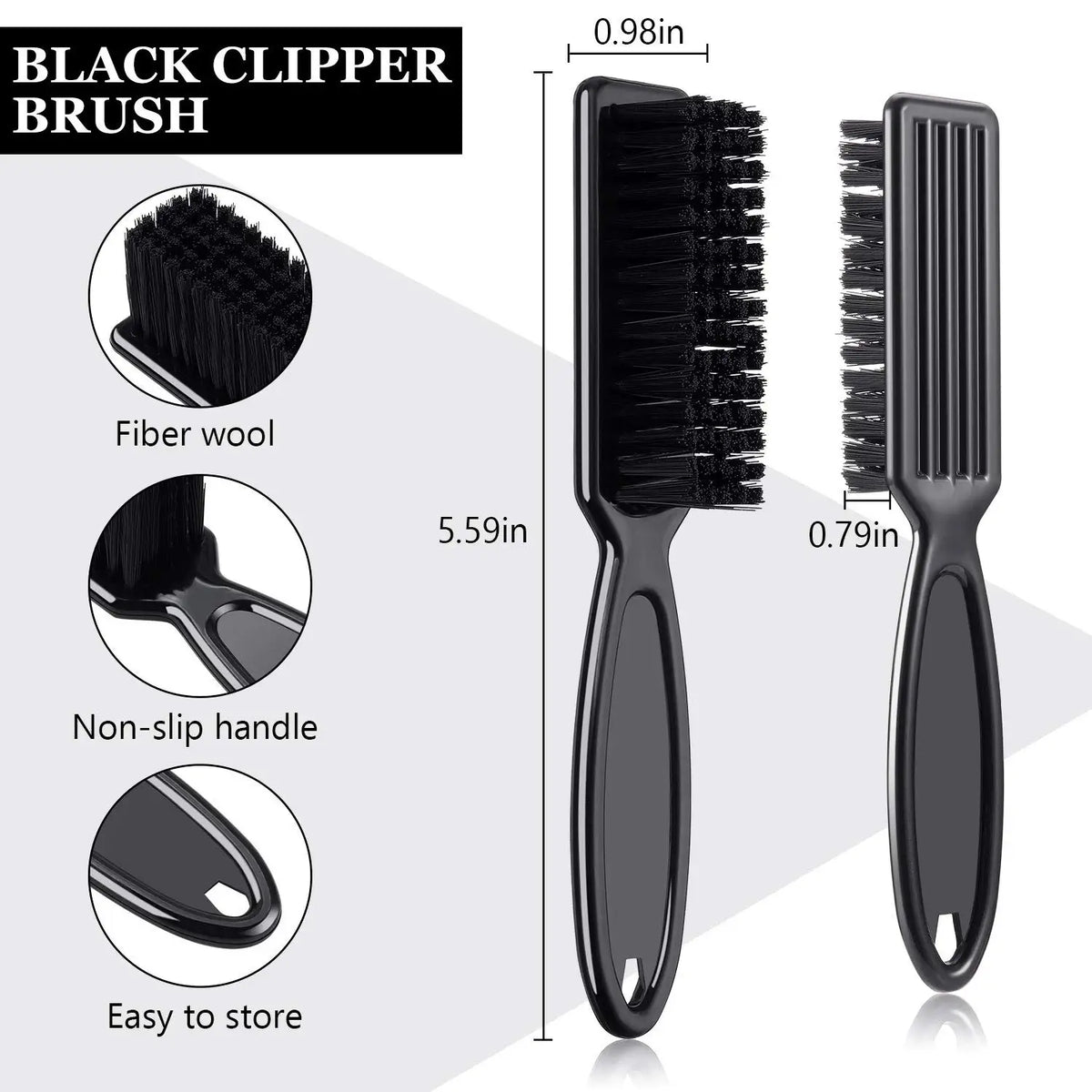 A black clipper brush with a non-slip handle and a comb-like brush head shown in various angles.