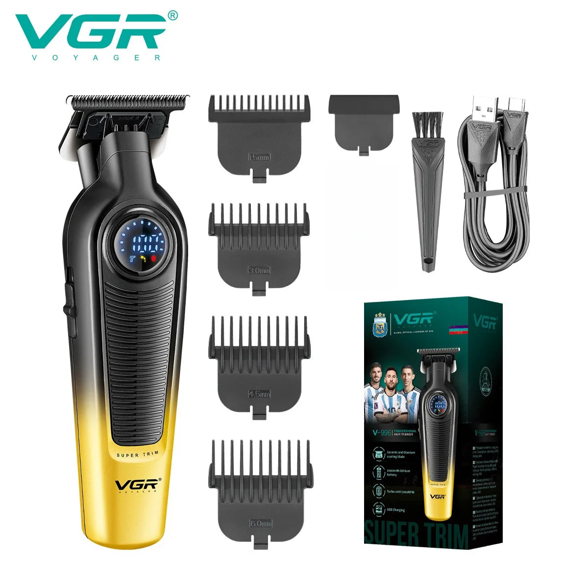 Set professioneller kabelloser Haartrimmer und Aufsätze VGR in schwarz-goldartiger Verpackung