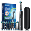 A box and various rechargeable electric rotary toothbrushes in black and blue are displayed.