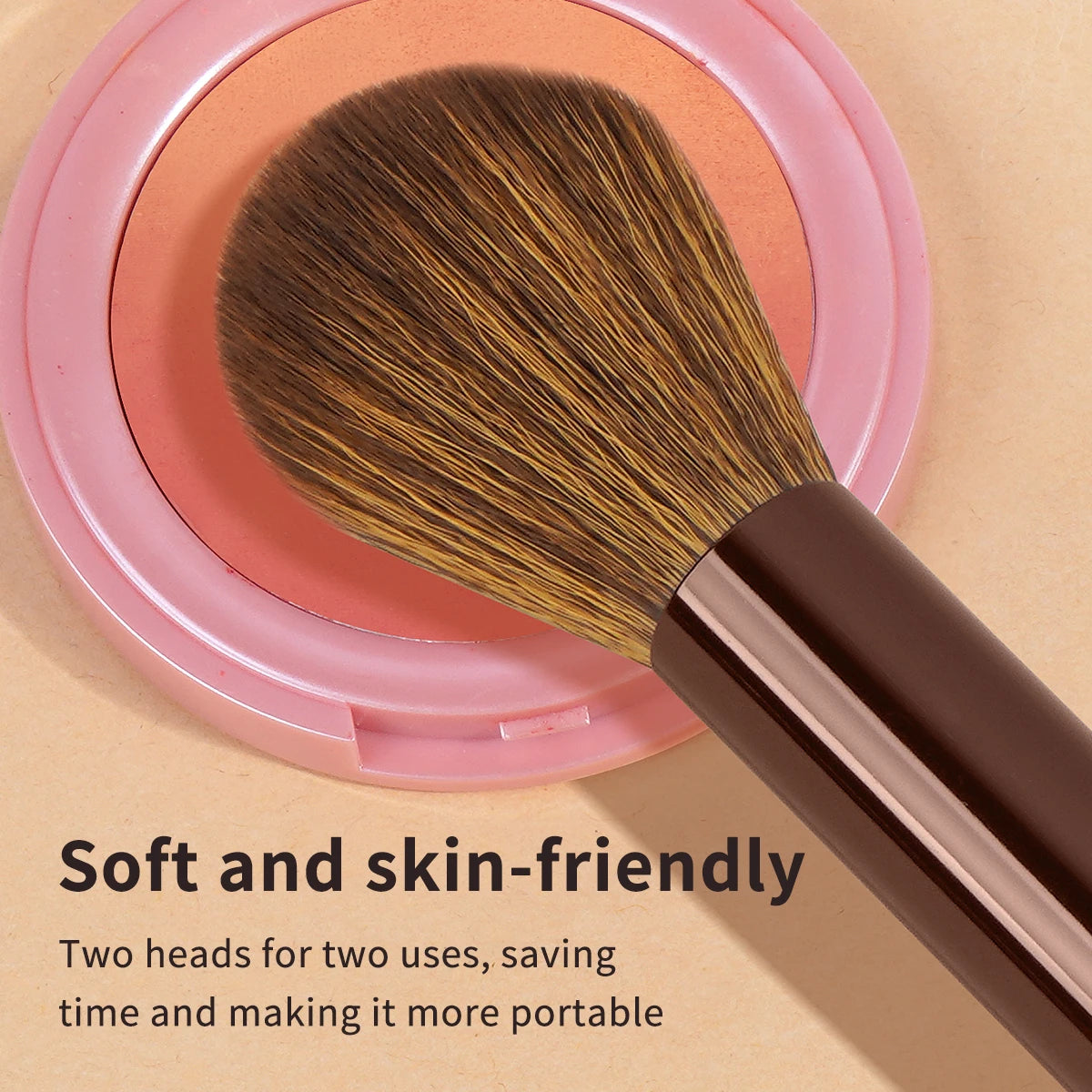 A brown double-ended contouring makeup brush with a pink circular base is shown on a light background.