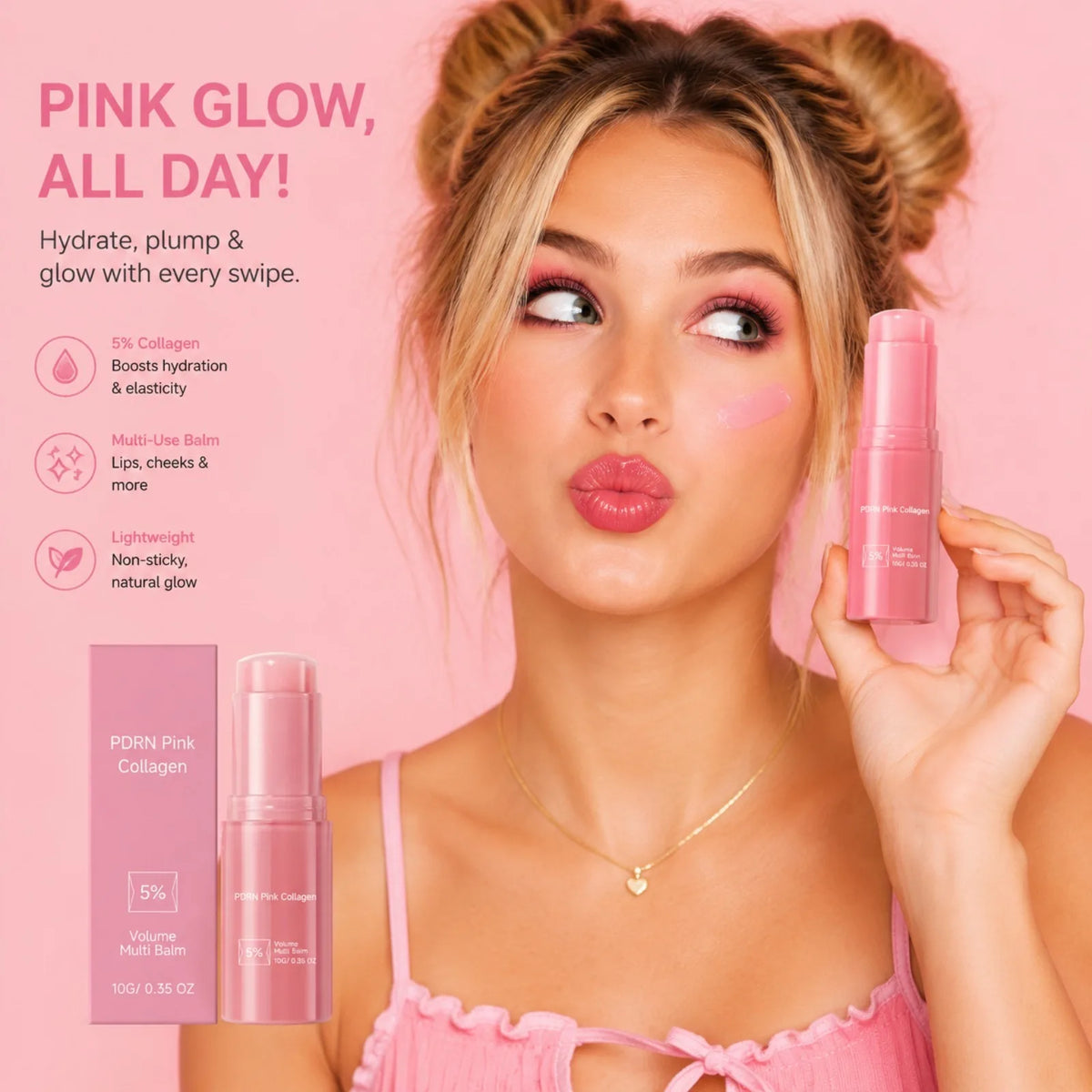 Eine Frau trägt eine rosa Kollagen-Multi-Balsam-Stift auf ihr Gesicht, was hydratisierte Haut und natürlichen Glanz zeigt.