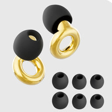 A set of black and gold silicone ear plugs for noise reduction, showing various sizes and styles.