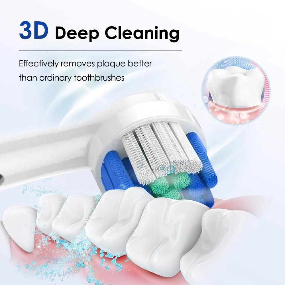 A white electric toothbrush is shown cleaning teeth, with toothpaste residue visible on the teeth and bristles.