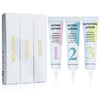 Un set de trois tubes de lotion pour soulever les cils et les sourcils, étiquetés 1, 2 et 3, avec leurs boîtes.