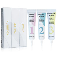 A set of three tubes of lifting lotion for lashes and brows labeled 1, 2, and 3, displayed next to their packaging boxes.