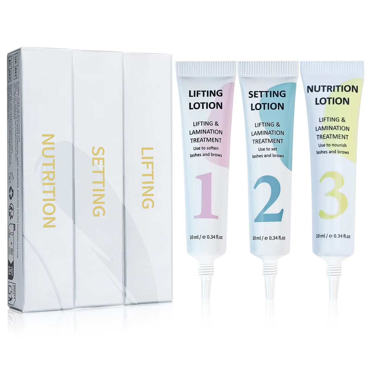 Un set de trois tubes de lotion pour soulever les cils et les sourcils, étiquetés 1, 2 et 3, avec leurs boîtes.