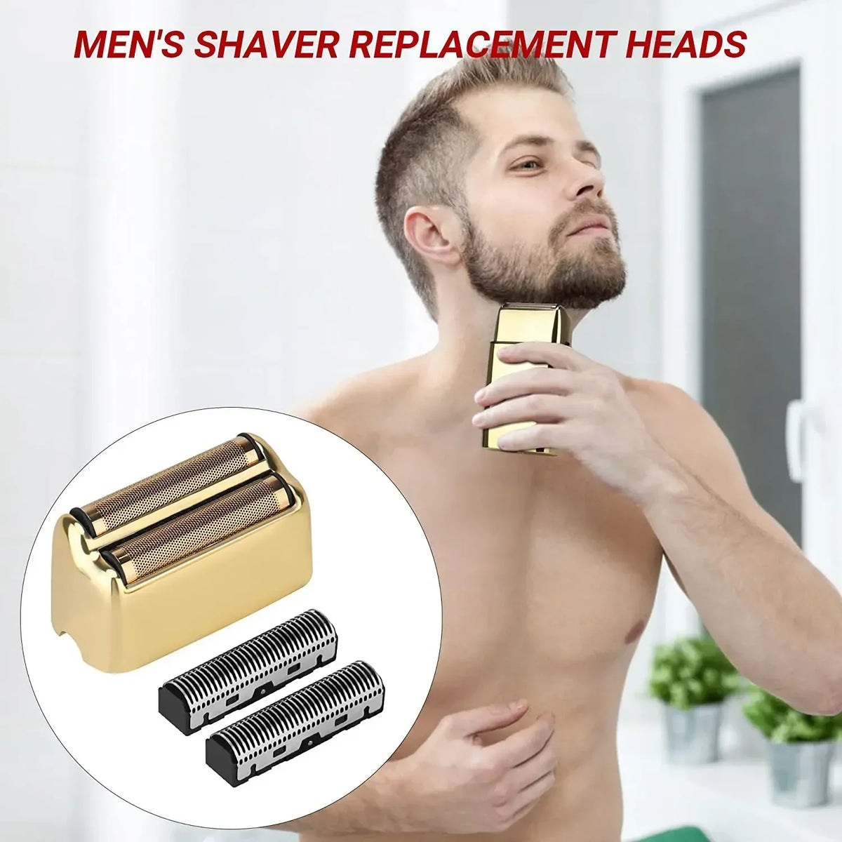 A man is holding a replacement shaver head and foil for a men's shaver replacement kit.