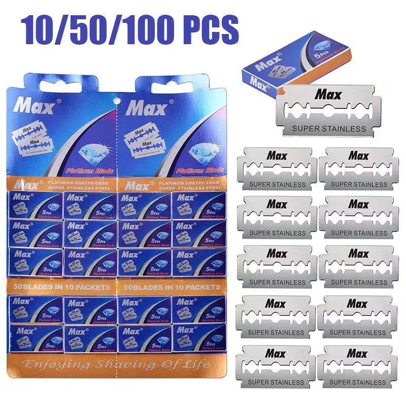 A set of 10, 50, and 100 packs of Max super stainless steel double-sided razor blades.