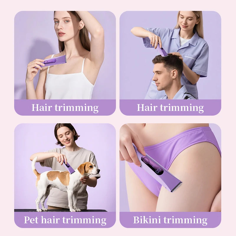 Colección de herramientas de arreglo personal, incluyendo un recortador eléctrico morado usado para cortar el cabello en una 