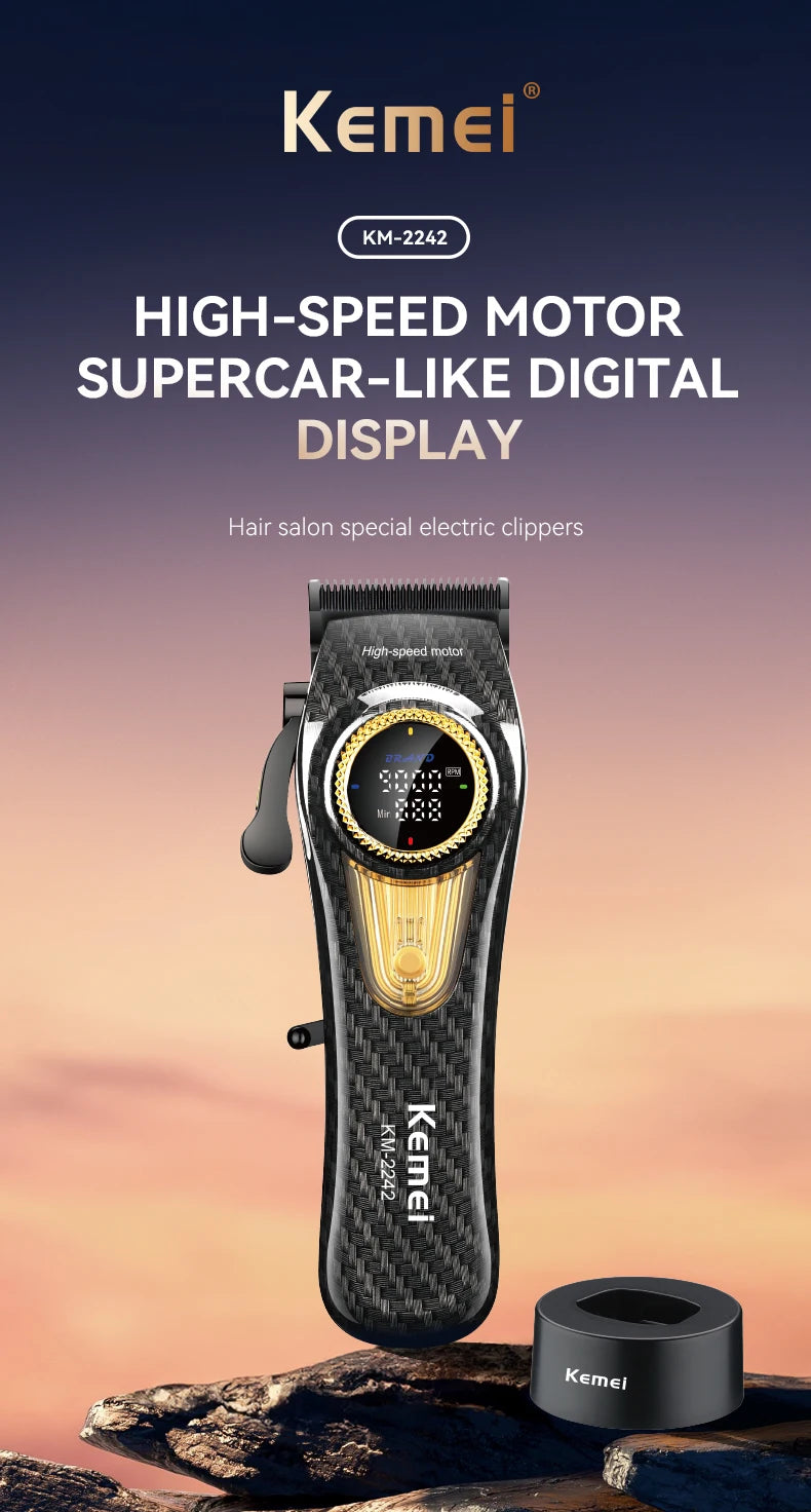 A Kemel KM-2242 high-speed motor supercar-like digital display electric hair clipper is shown against a blurred background.