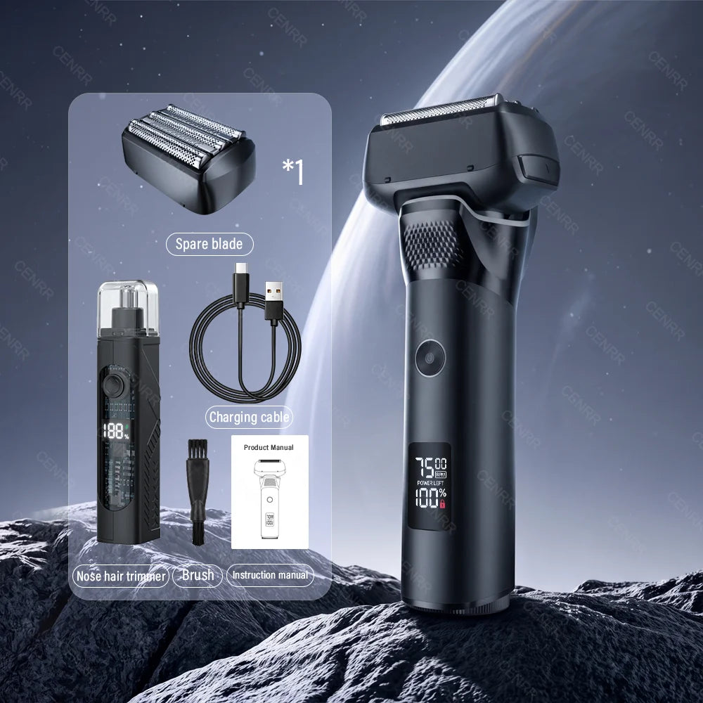 A portable electric shaver for men shown with spare blades, a charging cable, and the main unit on a snowy surface.