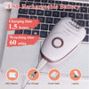 A white electric hair remover device shown next to a laptop keyboard, with accessories like a USB adapter, car charger, power