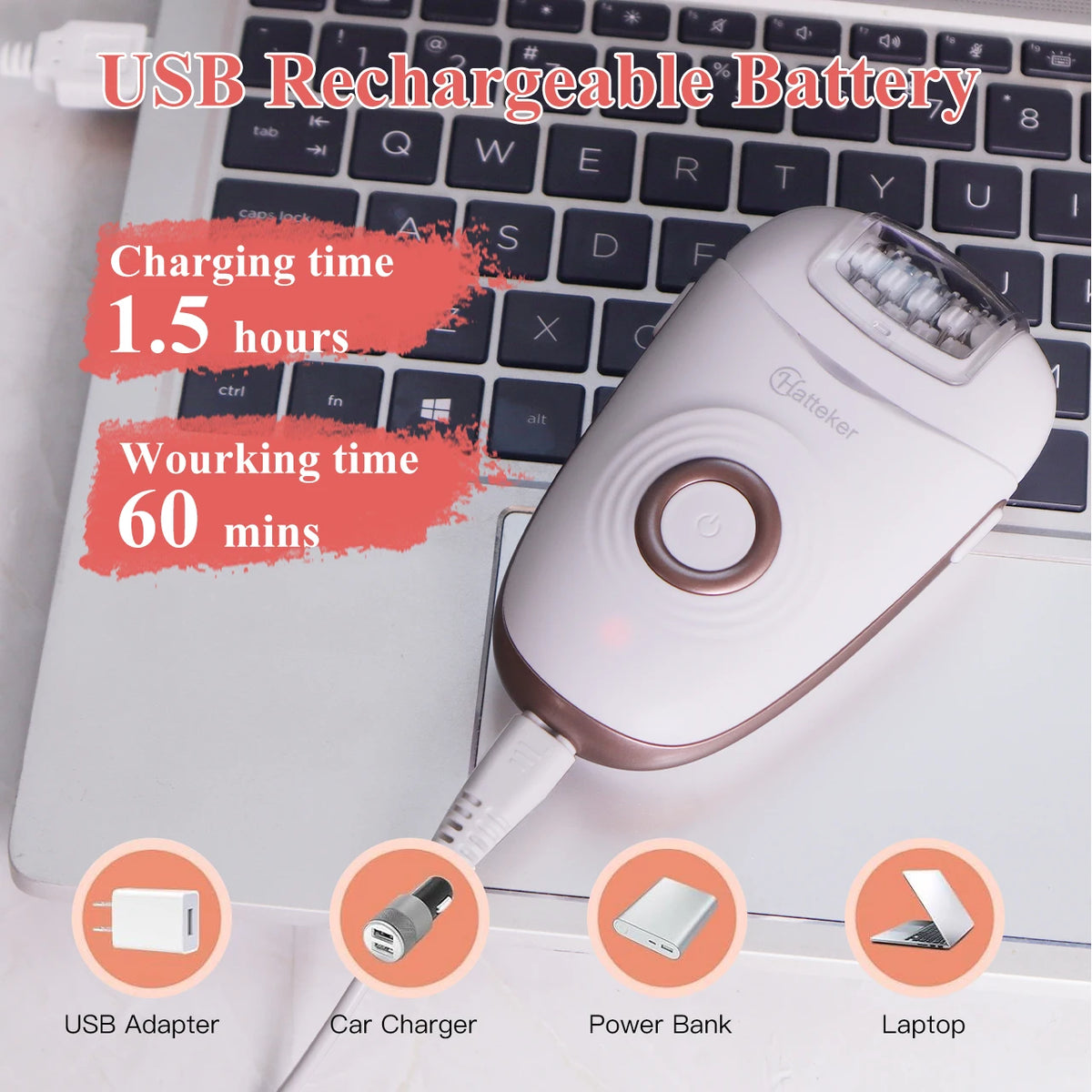 A white electric hair remover device shown next to a laptop keyboard, with accessories like a USB adapter, car charger, power
