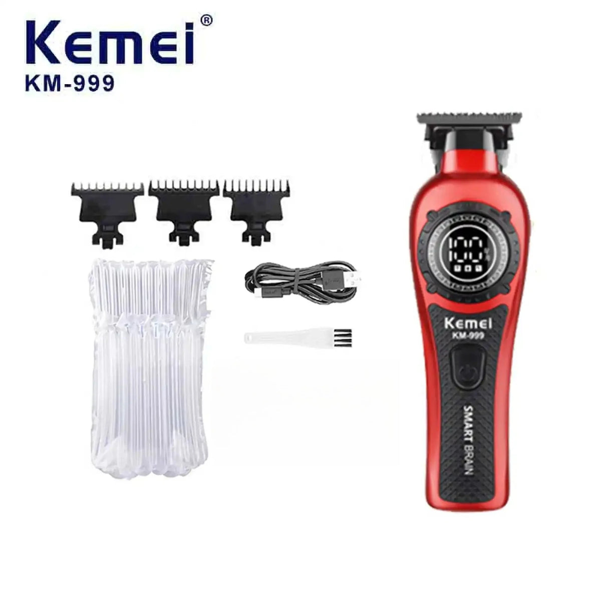 Red Kemei KM-999 cordless electric hair clipper with a detachable guard and cleaning brush.