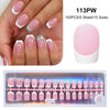 A set of 150 pink false acrylic nails in various sizes displayed on a hand and packaged in a clear case.