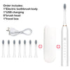 A white sonic electric toothbrush set including the body, charging cable, brush heads, and travel box.